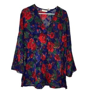 VICTORIAS SECRET Women M Vintage Gold Label Purple Floral Sheer Pajama Sleep Top